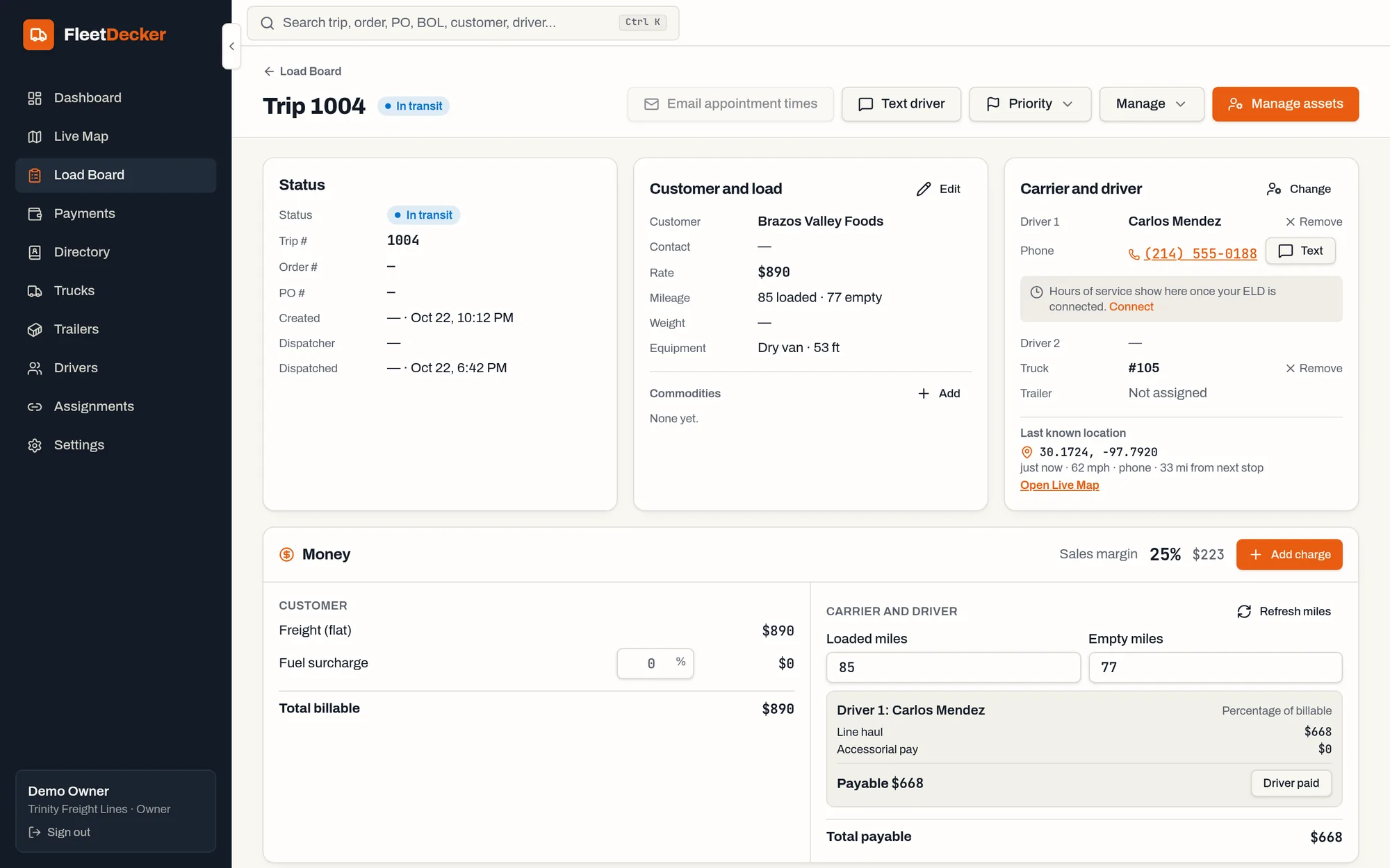 FleetDecker load page showing status, customer, driver and the money for a trip
