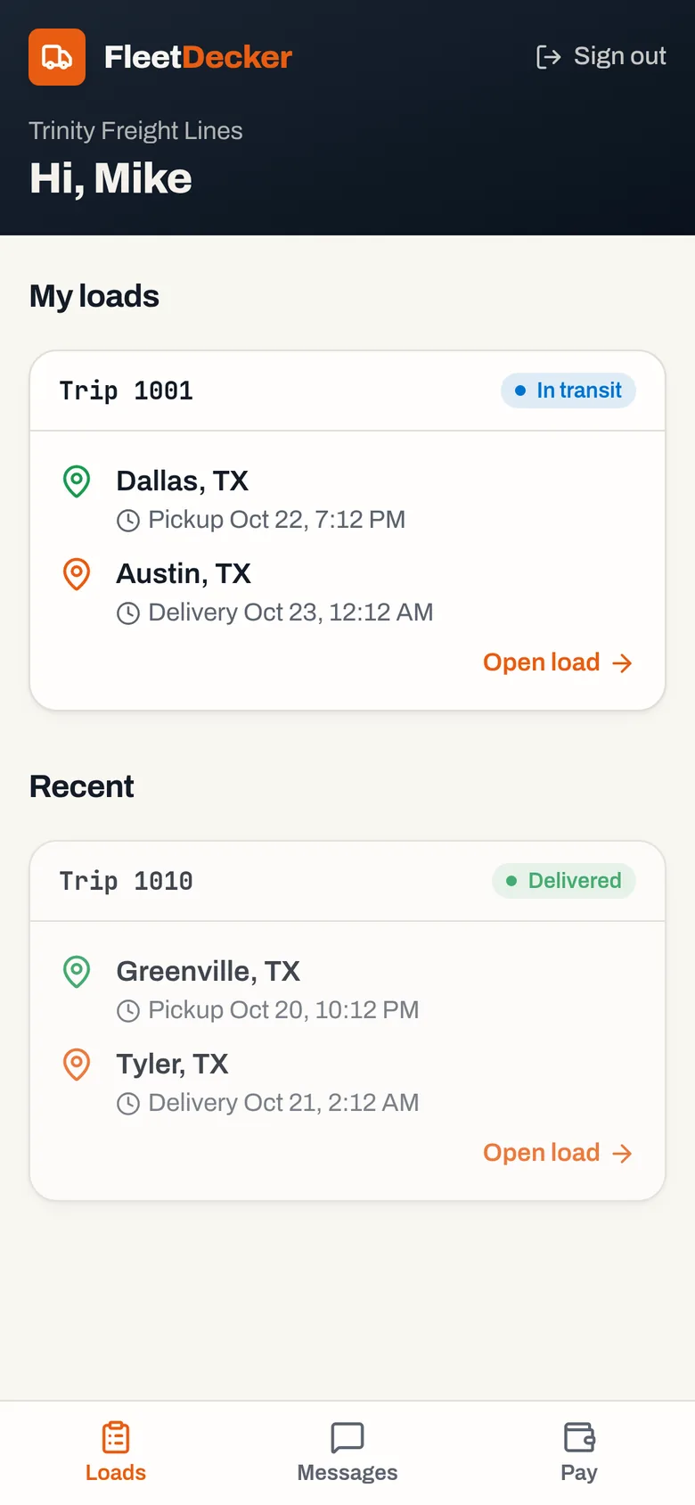 FleetDecker driver app on a phone listing the driver's current trip from Dallas to Austin